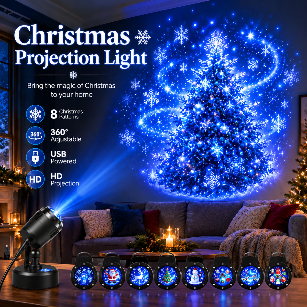 8 Christmas-Themed Projector Lights, USB-Powered Nightlights, Perfect for Creating a Festive Atmosphere in Your Room.