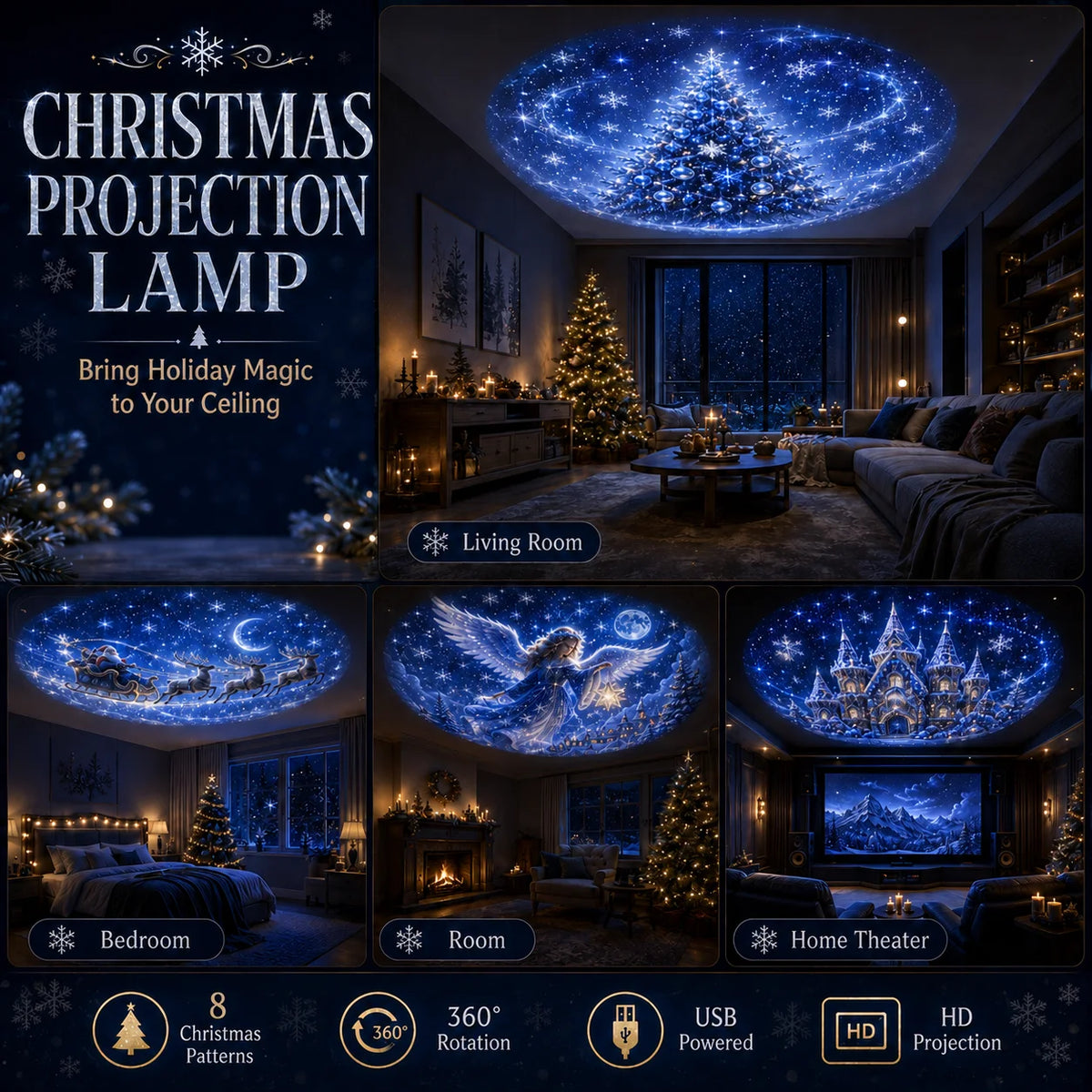 8 Christmas-Themed Projector Lights, USB-Powered Nightlights, Perfect for Creating a Festive Atmosphere in Your Room.
